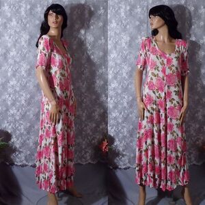 Vintage 90s Floral Rayon Dress 1990s Pink & White Spring Cottage Size Medium